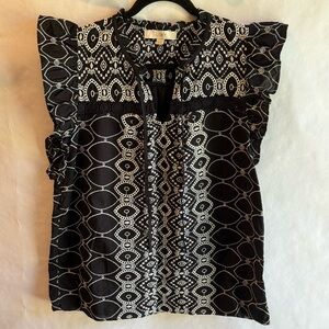 LOFT Black White Eyelet Embroidered Cotton Ruffle Sleeve Blouse Top Medium